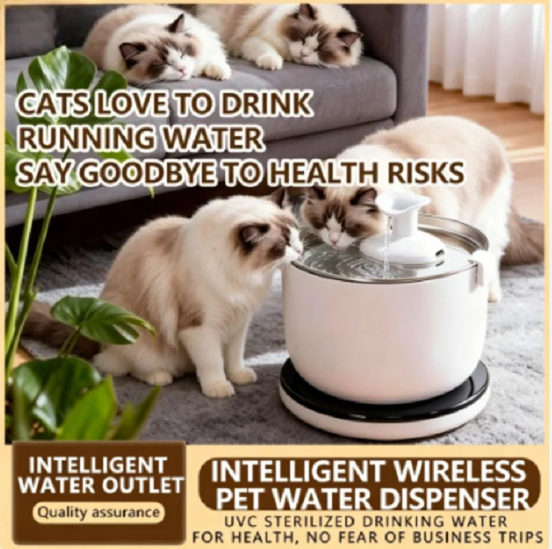 Wireless Cat Water Fountain Auto Sensor Drinking Fountain Quiet Pump 2.5L Pet Water Dispenser for Cats Dog Stainless Steel Tray Luxe Whiskers