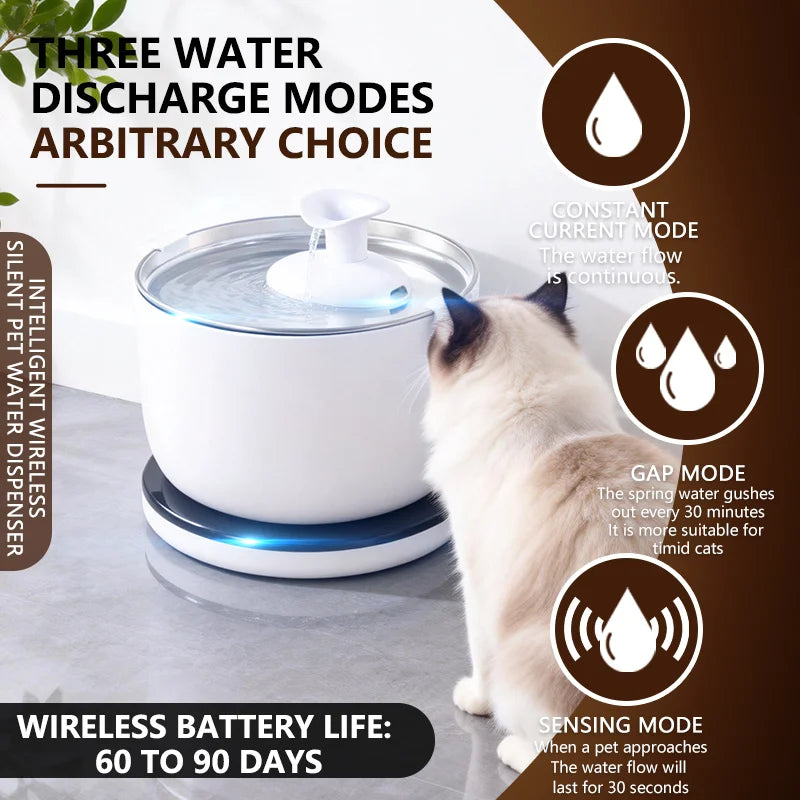 Wireless Cat Water Fountain Auto Sensor Drinking Fountain Quiet Pump 2.5L Pet Water Dispenser for Cats Dog Stainless Steel Tray Luxe Whiskers