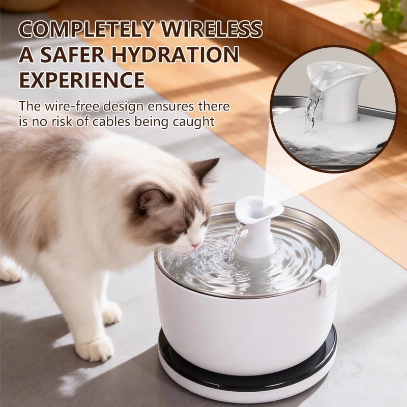 Wireless Cat Water Fountain Auto Sensor Drinking Fountain Quiet Pump 2.5L Pet Water Dispenser for Cats Dog Stainless Steel Tray Luxe Whiskers