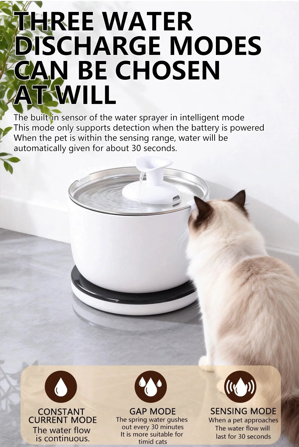 Wireless Cat Water Fountain Auto Sensor Drinking Fountain Quiet Pump 2.5L Pet Water Dispenser for Cats Dog Stainless Steel Tray Luxe Whiskers