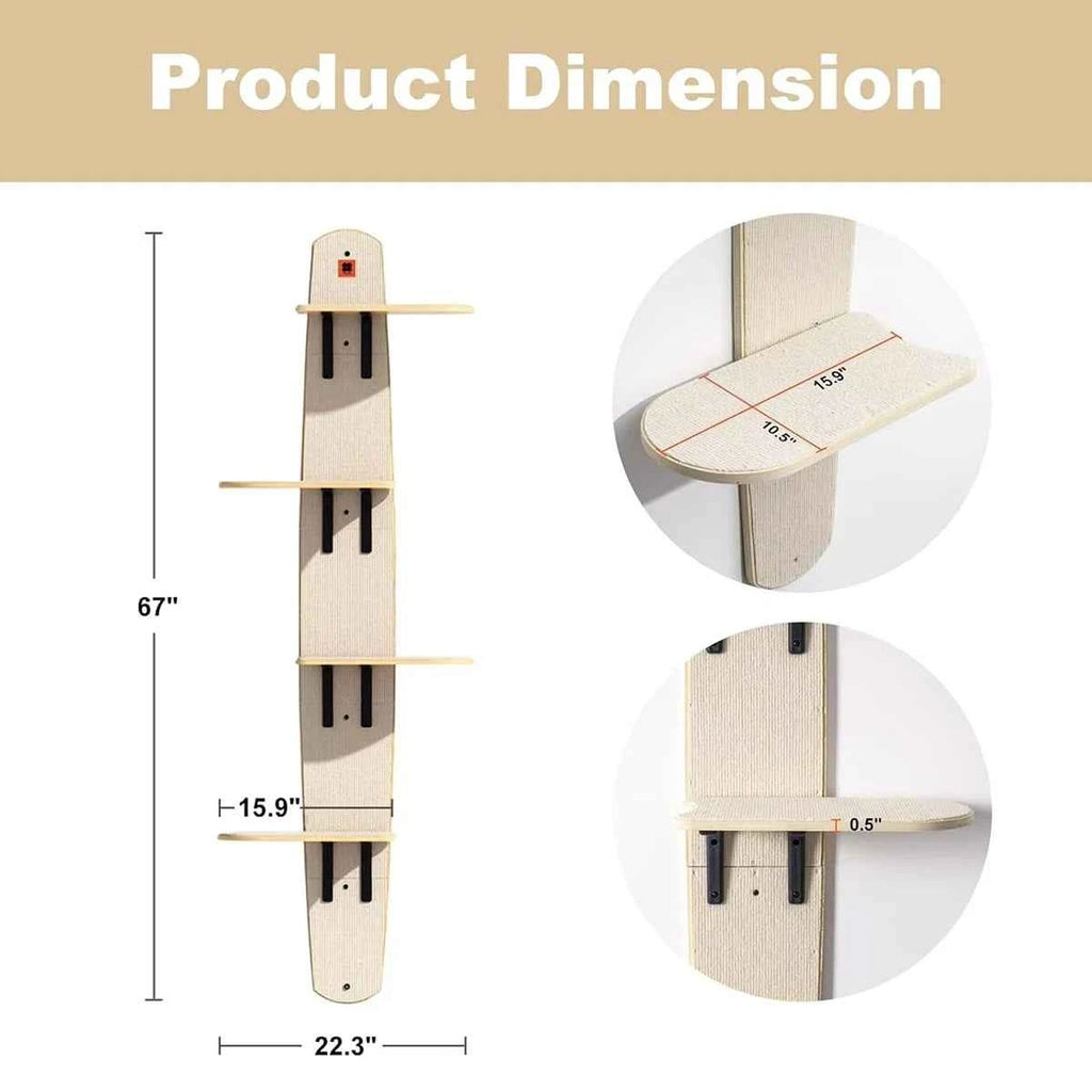 4-Tier Wall Mounted Cat Shelves Climbing Tree, Space Saver Wooden Cat Wall Furniture with Carpeted Perch for Indoor Cats
