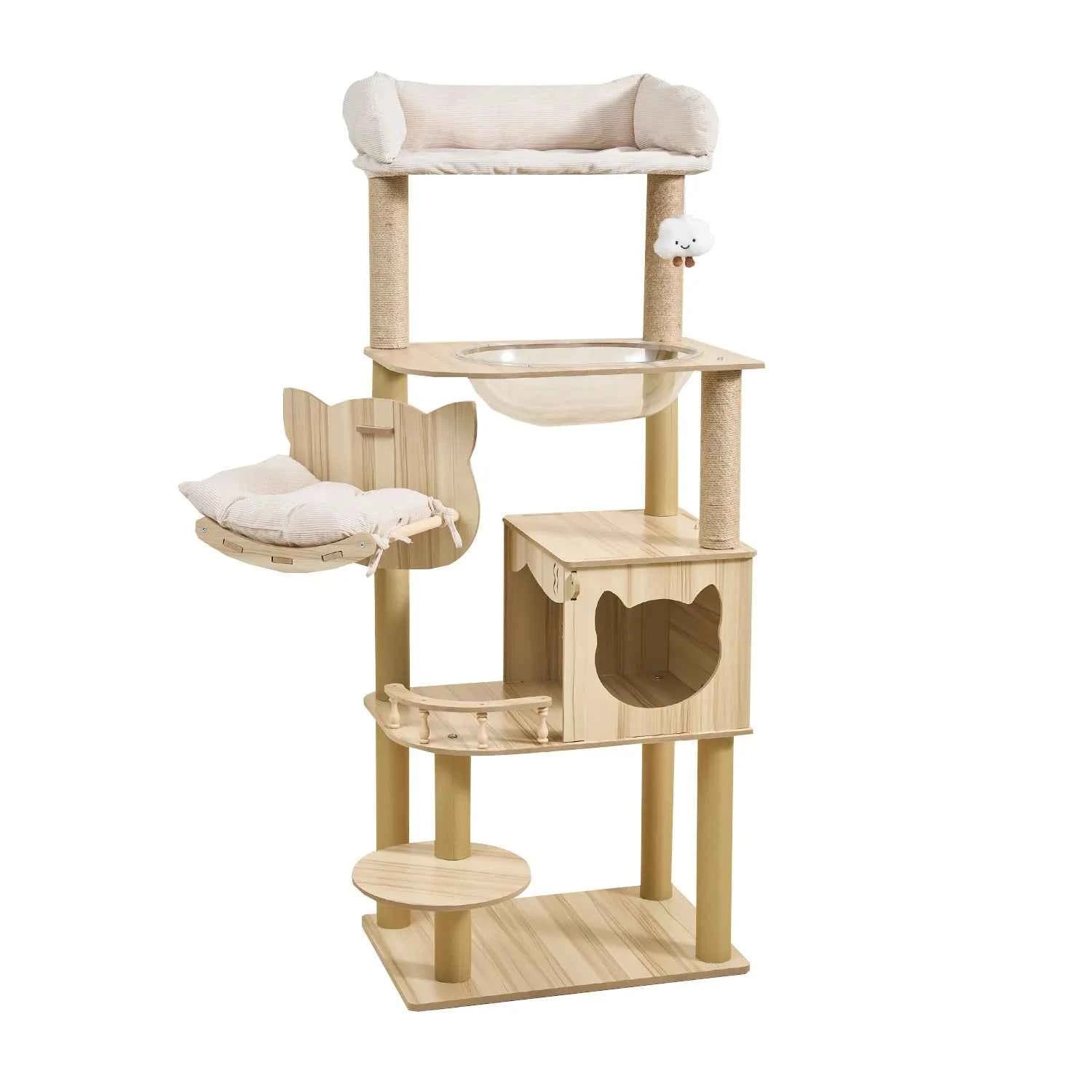 Tall Wooden Cat Condo & Plush Top Perch Cat Tree