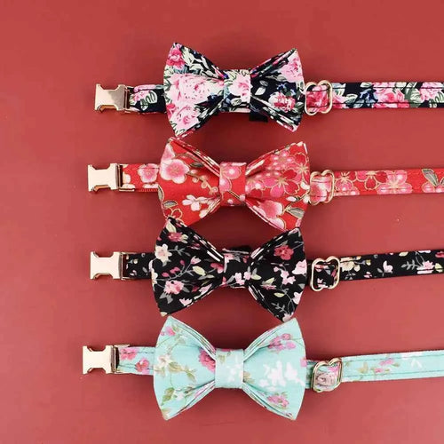 Adjustable Bow Cat Collar - S for Neck 16-26cm, Black Floral Bow Tie Collar