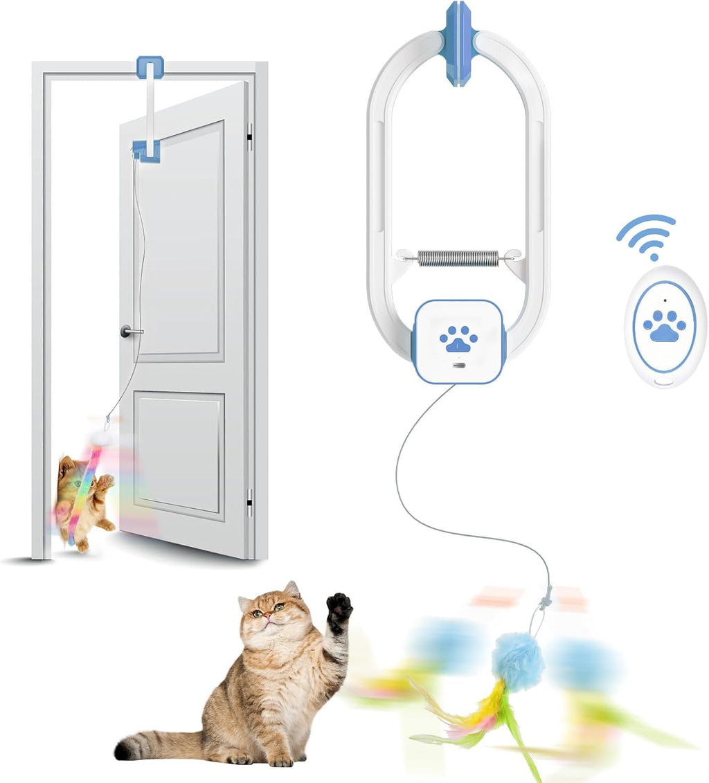 Rechargeable Electric Cat Teaser with Remote: Interactive 2-Mode Door Clip Toy for Australian Cats’ Exercise & Fun (Blue) Luxe Whiskers
