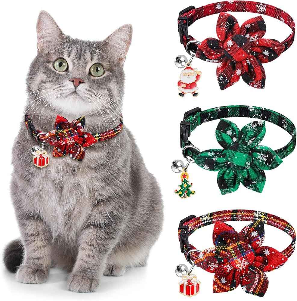 3 Pack Cat Collars, Christmas Flower Kitten Collars with Adjustable Breakaway Bow Tie Bell Plaid Snowflake Xmas Pet Supplies for Cats