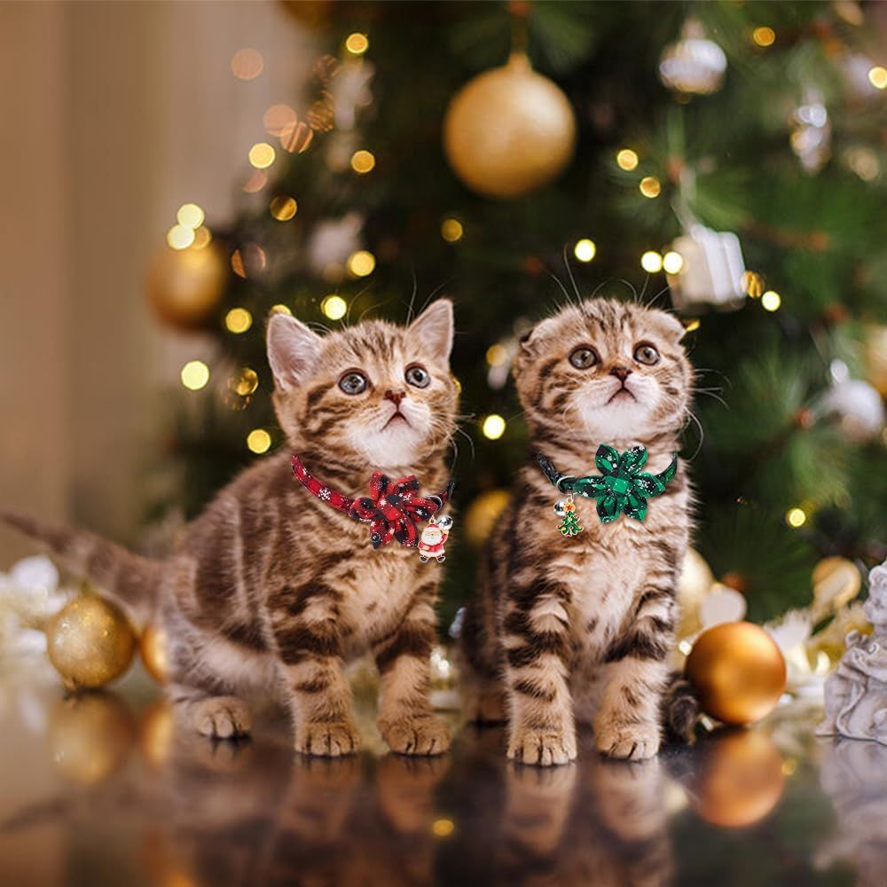 3 Pack Cat Collars, Christmas Flower Kitten Collars with Adjustable Breakaway Bow Tie Bell Plaid Snowflake Xmas Pet Supplies for Cats - Luxe Whiskers