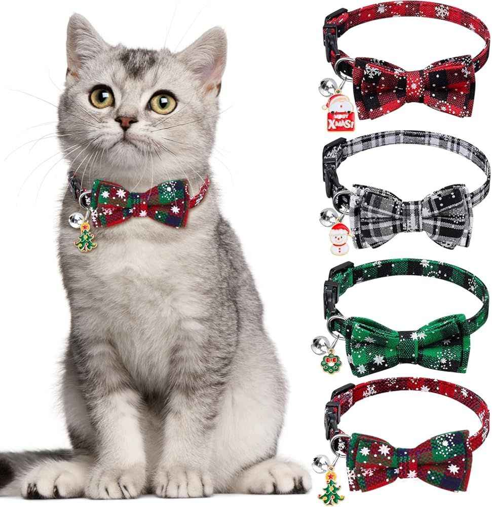 4 Pack Christmas Cat Collars with Adjustable Breakaway Bow Tie Bell Plaid Snowflake Xmas Pet Supplies for Cats
