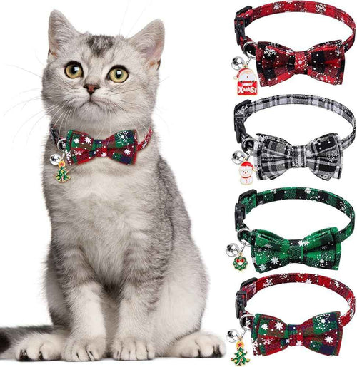 4 Pack Christmas Cat Collars with Adjustable Breakaway Bow Tie Bell Plaid Snowflake Xmas Pet Supplies for Cats
