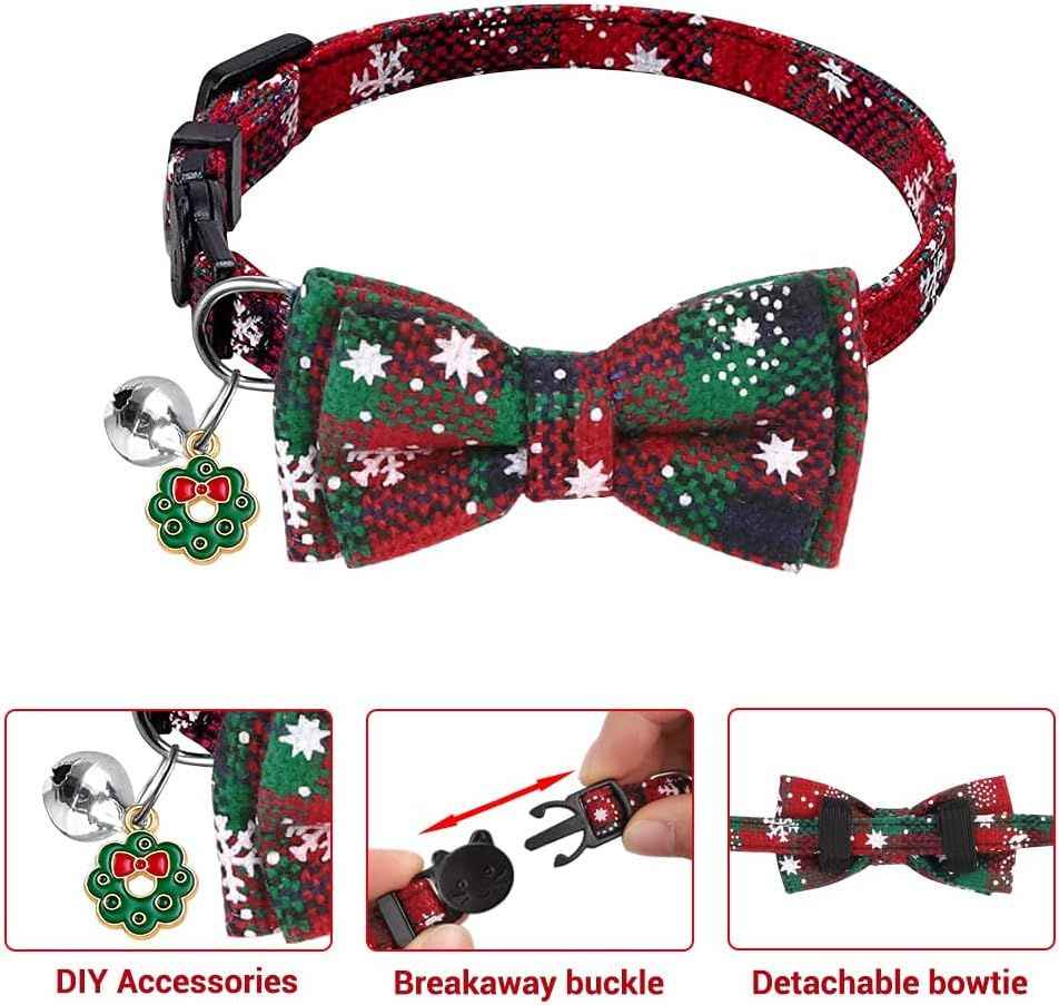 4 Pack Christmas Cat Collars with Adjustable Breakaway Bow Tie Bell Plaid Snowflake Xmas Pet Supplies for Cats