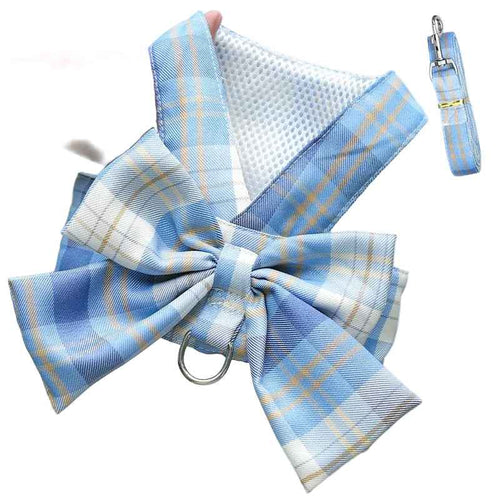 Blue Plaid Bow Cat Vest Harness - S