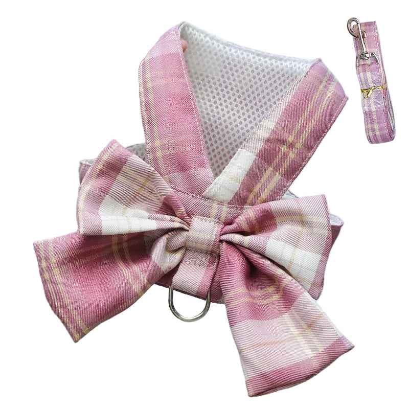 Pink Plaid Bow Cat Vest Harness - S
