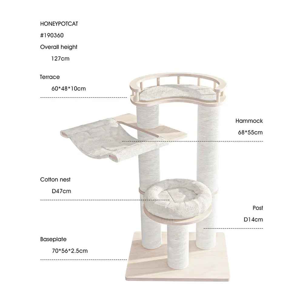 HONEYPOTCAT Leisure Loft With Hammock & Scratch Post - White Velvet - 127cm - Luxe Whiskers