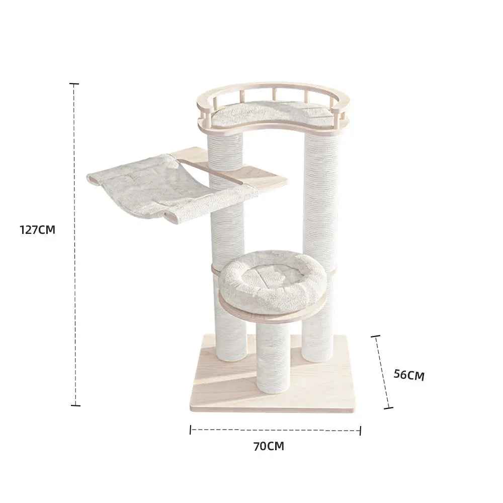HONEYPOTCAT Leisure Loft With Hammock & Scratch Post - White Velvet - 127cm - Luxe Whiskers