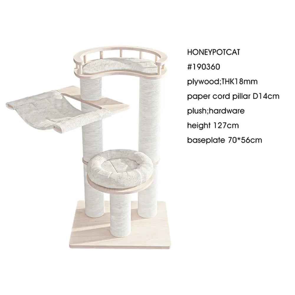 HONEYPOTCAT Leisure Loft With Hammock & Scratch Post - White Velvet - 127cm - Luxe Whiskers