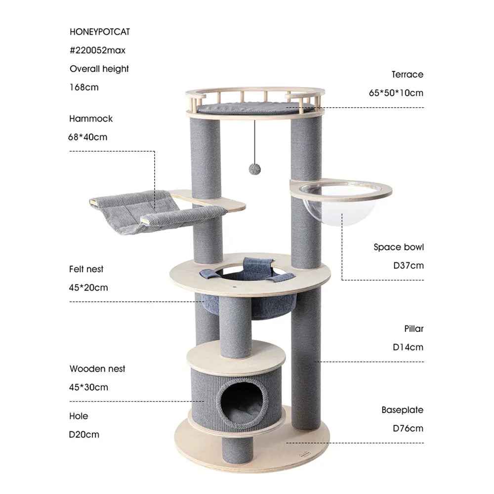HONEYPOTCAT Majestic Reinforced Multi-Level Cat Tree With Hammock - 168cm - Luxe Whiskers