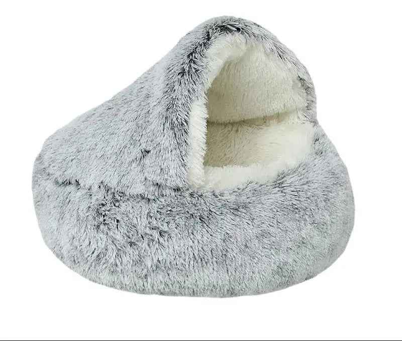 Plush Hooded Cat Bed - Grey 40cm - Luxe Whiskers