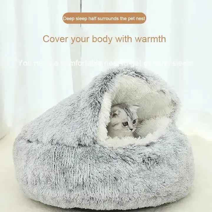 Plush Hooded Cat Bed - Grey 40cm - Luxe Whiskers