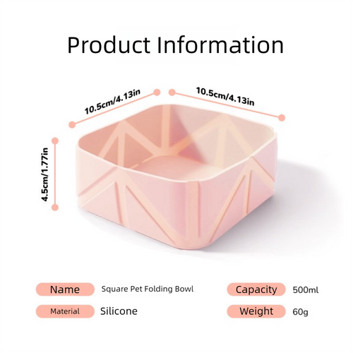 2 Pcs Silicone Travel Square Pet Bowl 500ml - Pink - Luxe Whiskers
