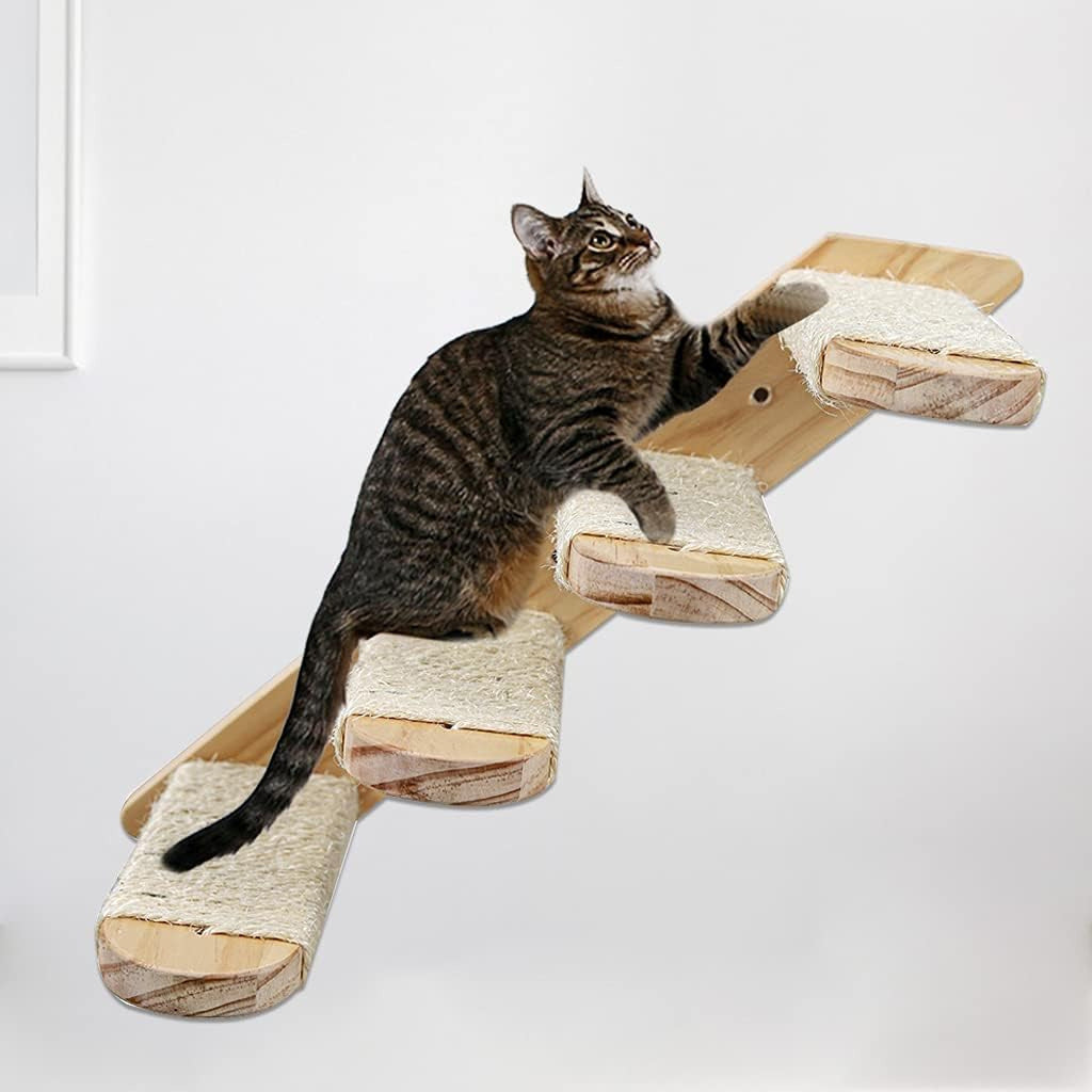 4-Tier Solid Wood Wall-Mounted Cat Climbing Ladder - Vertical Jumping Steps for Indoor Cats with Installation Kit Luxe Whiskers