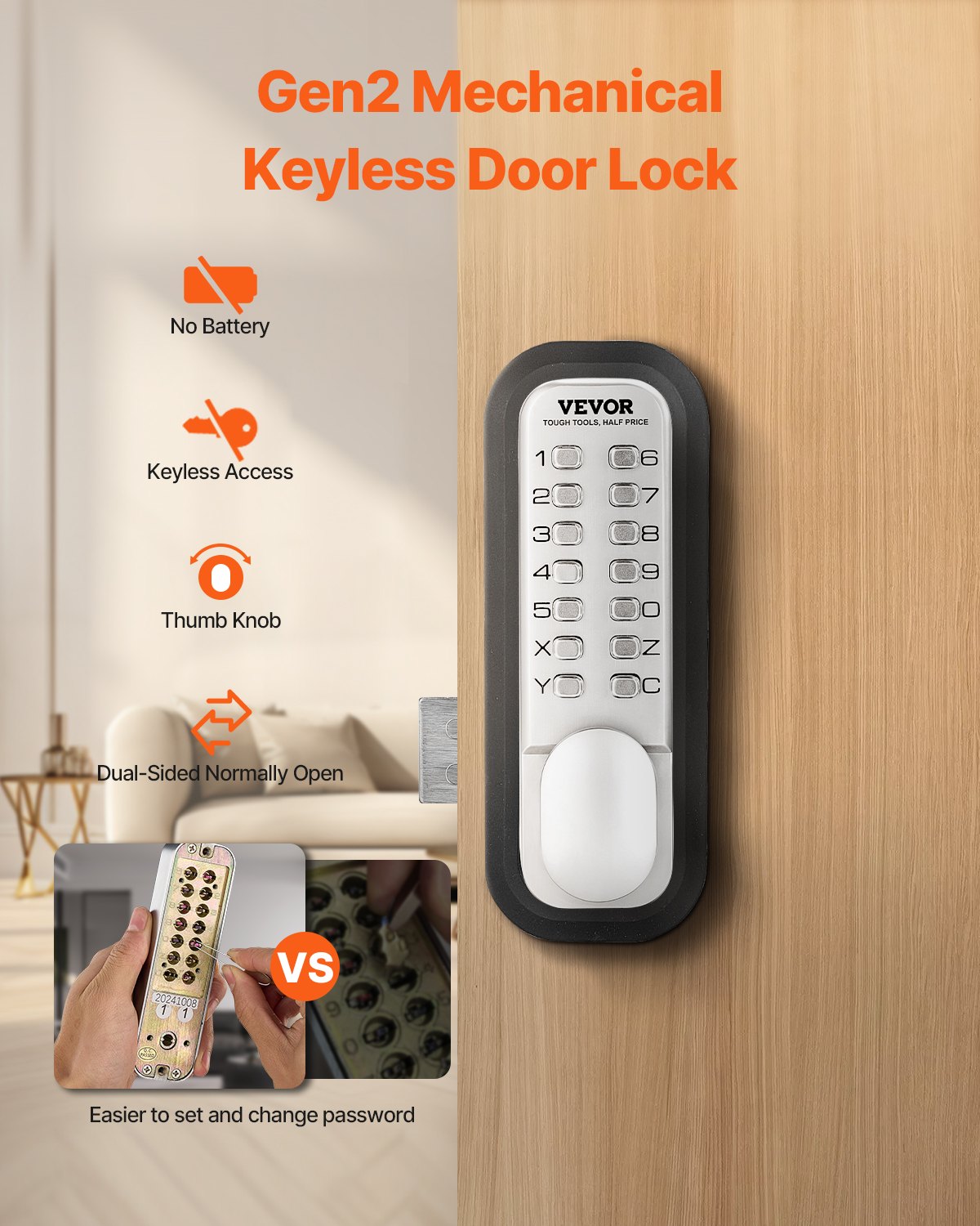 Mechanical Keyless Entry Door Lock, 14 Key Mechanical Door Lock, Mechanical Keypad Door Lock with Adjustable Thumb Knob, Single-Side Zinc Alloy Waterproof Keyless Gate Lock, for Home Office Luxe Whiskers