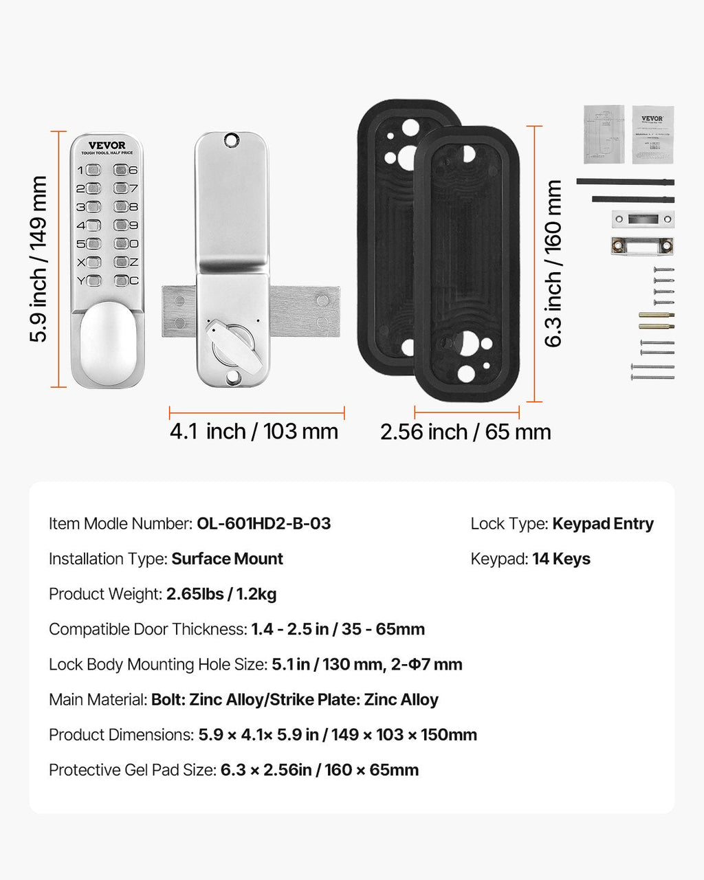 Mechanical Keyless Entry Door Lock, 14 Key Mechanical Door Lock, Mechanical Keypad Door Lock with Adjustable Thumb Knob, Single-Side Zinc Alloy Waterproof Keyless Gate Lock, for Home Office Luxe Whiskers