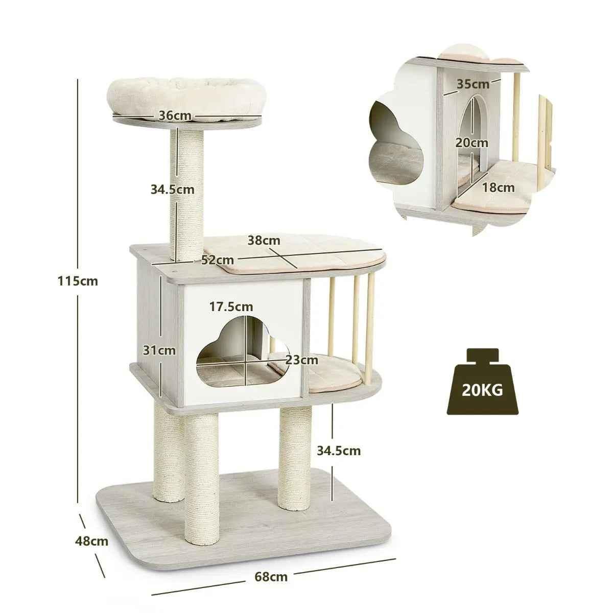 NNECW Modern Cat Tower with Platform Scratching Posts - 115cm - Luxe Whiskers